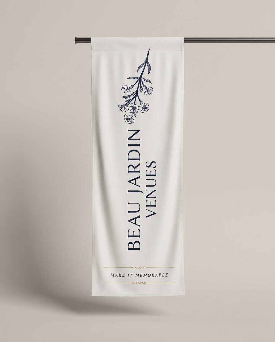 بانر مخصص لقاعة أفراح Beau Jardin — custom branded event banner